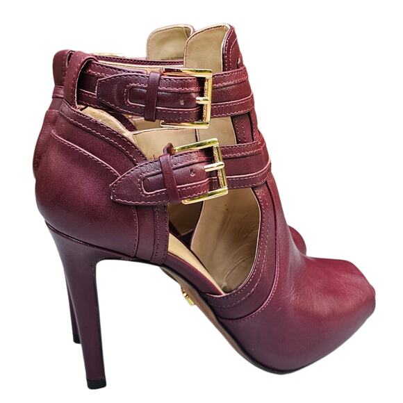 Stiletto Ankle Bootie MMK Blaze Size 7 OpenToe Buckle High Heel Burgundy Leather - Picture 6 of 12